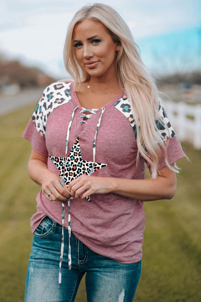 Lace up Leopard Sleeve T Shirt