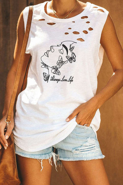 Broken Hole Detail Sleeveless Crew Neck Tank Top