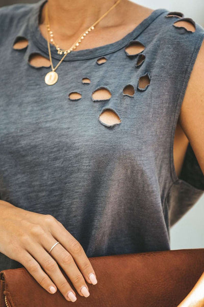 Broken Hole Detail Sleeveless Crew Neck Tank Top