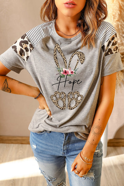 Striped Leopard Print Short Sleeve Women T-shirt