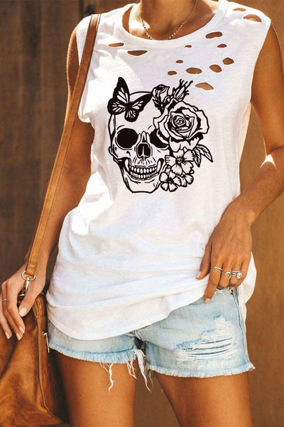 Broken Hole Detail Sleeveless Crew Neck Tank Top