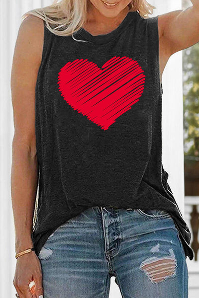 Valentine Heart Print Loose Crew Neck Tank Top