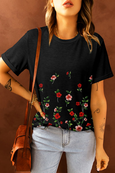 Floral Print Round Neck Short Sleeve Tunic Top