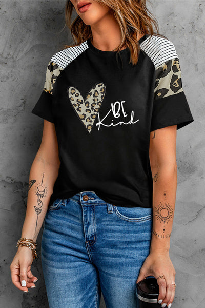 Striped Leopard Print Short Sleeve Women T-shirt