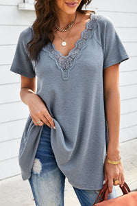 Lace Crochet Waffle Knit Ruffled V Neck Top