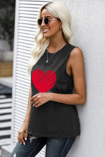 Valentine Heart Print Loose Crew Neck Tank Top