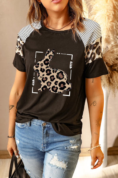 Striped Leopard Print Short Sleeve Women T-shirt