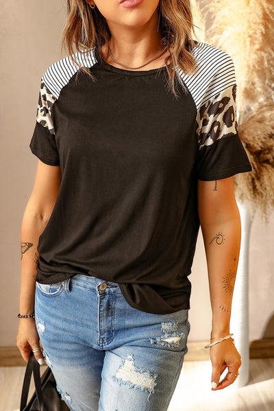 Striped Leopard Print Short Sleeve Women T-shirt