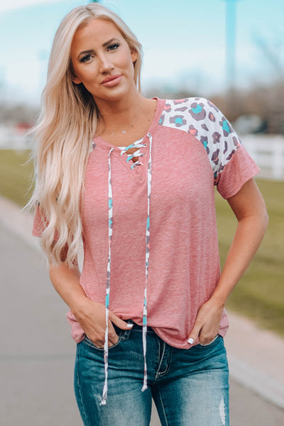 Lace up Leopard Sleeve T Shirt