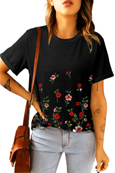 Floral Print Round Neck Short Sleeve Tunic Top