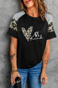 Striped Leopard Print Short Sleeve Women T-shirt