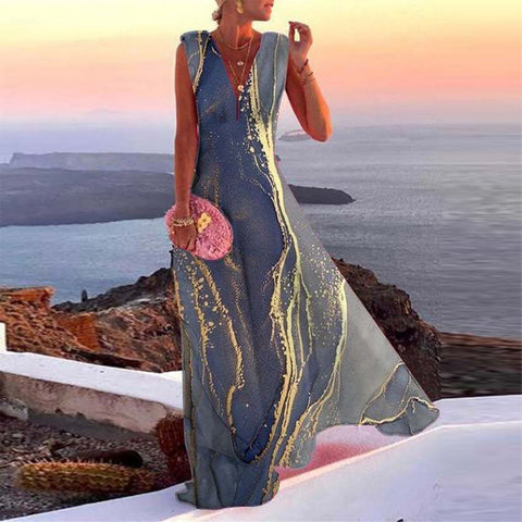 Skyrise Gold Beach Marble Print Sleeveless Maxi Dress